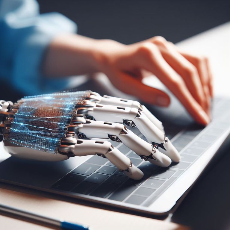 Eine menschliche Hand und eine Roboterhand schreiben am Computer
