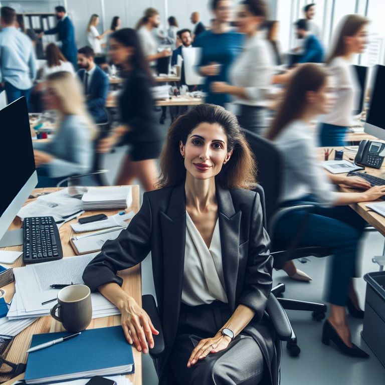 Eine Frau in einem hektischen Büro, die dank bedürfnisorientierter Kommunikation entspannt ist