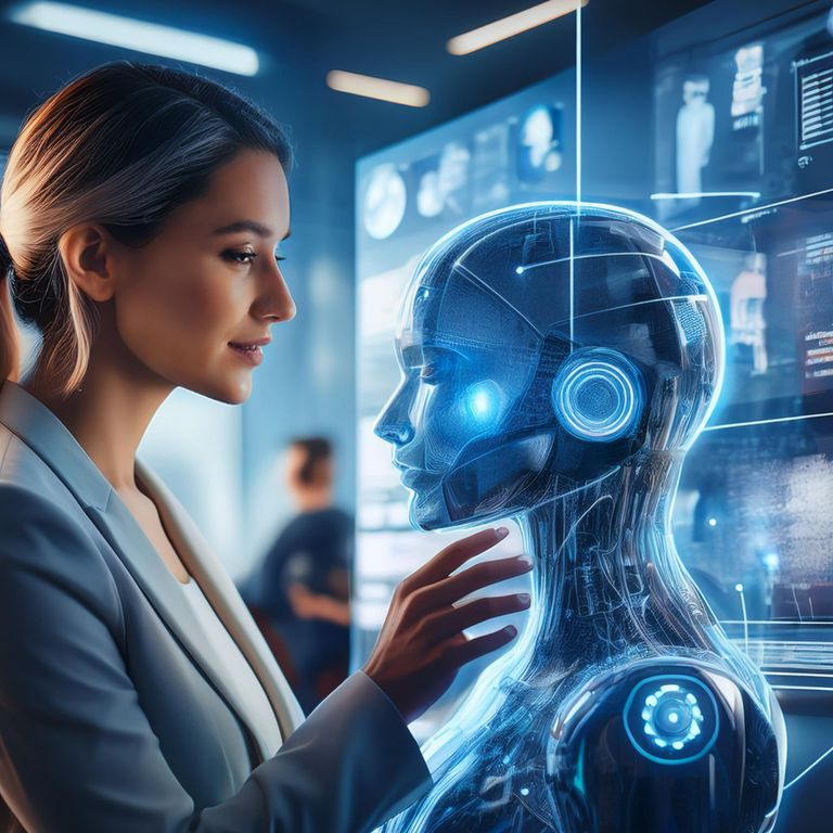 Eine Frau, die sich von einer künstlichen Intelligenz im Social Media Alltag helfen lässt