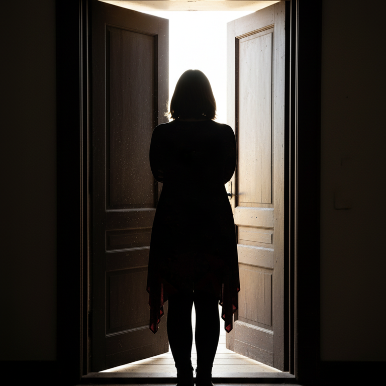 Eine selbstständige Frau, die ihre Angst vor Sichtbarkeit überwindet. Sie öffnet die Tür ins Licht, in die Sichtbarkeit. 