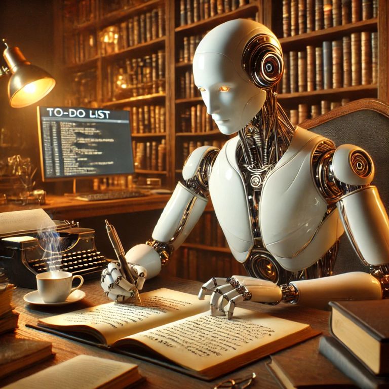 Eine künstliche Intelligenz die in einem gemütlichen Home Office einen Roman schreibt und dabei eine Liste mit To-Dos abhakt.
